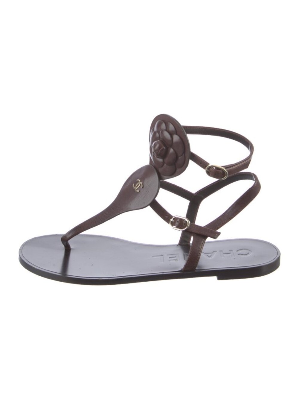 CHANEL CC Logo Camellia Brown Leather T-Strap Gladiator Sandals